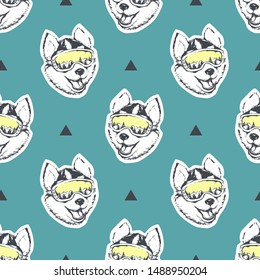 Skier Husky dog. Vector illustration of seamless pattern with animal.