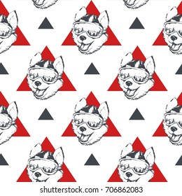 Skier Husky dog. Vector illustration of seamless pattern with animal.