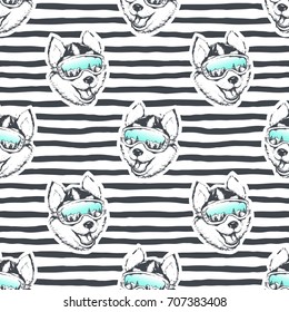 Skier Husky dog. Vector illustration of seamless pattern with animal.