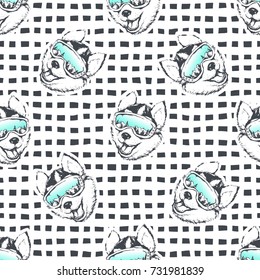 Skier Husky dog. Vector illustration of seamless pattern with animal.