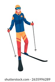 Skier, icon. Sportsman doing sport activity. People riding skis. Cartoon winter sport character, travel activity. Concept of vacation. Vector illustration isolated on white background