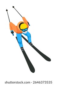 Skier, icon. Sportsman doing sport activity. People riding skis. Cartoon winter sport character, travel activity. Concept of vacation. Vector illustration isolated on white background