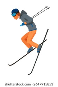 Skier, icon. Sportsman doing sport activity. People riding skis. Cartoon winter sport character, travel activity. Concept of vacation. Vector illustration isolated on white background