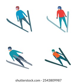 Ícones skier definem o vetor de desenhos animados. Atleta de salto de esqui. Esporte de inverno