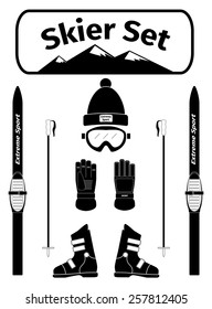 Skier icons set with equipment, vector illustration
