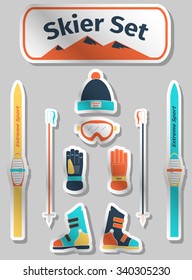 Skier icons set with equipment, vector illustration