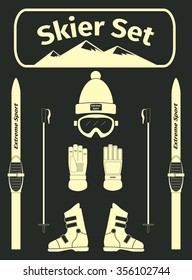 Skier icons set with equipment, vector illustration