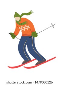 Skier isolated on white background. Man skiing.Flat cartoon cute style design. Athlete on the downhill. Hand draw Vector illustration