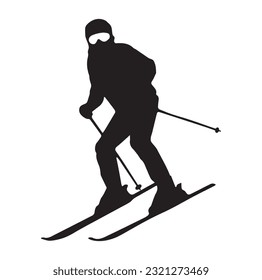 esquiador aislado de fondo blanco. Paseos en esquiar, saltos, deslizamientos en las montañas. Acciones de esquí: cuesta abajo, slalom, freeride, salto de esquí, freestyle. Esquiar en los Alpes de invierno. Ilustración del vector