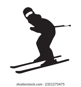 skier isolated on white background. Skier rides, jumps, slides in mountains. Ski actions: downhill, slalom, freeride, ski jumping, freestyle. Skiing in winter Alps. Vector illustration