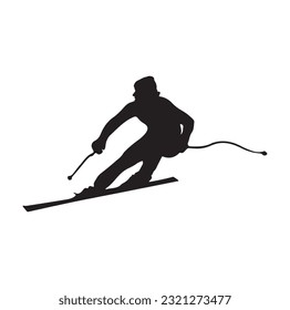 esquiador aislado de fondo blanco. Paseos en esquiar, saltos, deslizamientos en las montañas. Acciones de esquí: cuesta abajo, slalom, freeride, salto de esquí, freestyle. Esquiar en los Alpes de invierno. Ilustración del vector