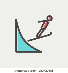 Skier jump in the air icon thin line for web and mobile, modern minimalistic flat design. Vector icon with dark grey outline and offset colour on light grey background.