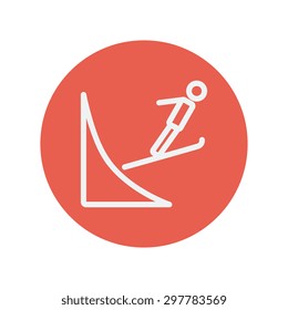 Skier jump in the air thin line icon for web and mobile minimalistic flat design. Vector white icon inside the red circle.