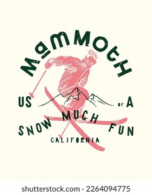 Skier jumping in the air with skis crossed. Mammoth mountain vintage typography silkscreen t-shirt print vector illustration.