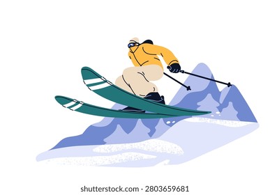 Skier jumping, dynamic action. Freestyle ski ride activity, extreme trick in alpine mountain resort on winter holiday. Skiing sport. Flat factor illustration isolated on a white background