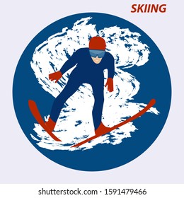 Skier jumping forward - round icon, grunge style, abstraction - isolated on white background - flat style - vector. Lifestyle. Winter sport