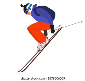 Skier jumping with a GoPro camera. Athlete in the ski resort. Winter seasonal activity. Vector illustration in flat style isolated on white background. 