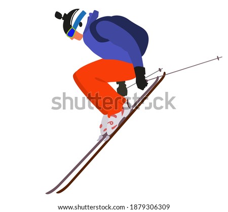 Skier jumping with a GoPro camera. Athlete in the ski resort. Winter seasonal activity. Vector illustration in flat style isolated on white background. 