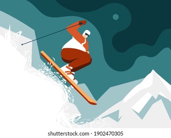 A skier is jumping from a mountain, a character is skiing in a tracksuit and a balaclava wearing glasses, in the snow. Modern flat design in motion, snow texture, abstract background.