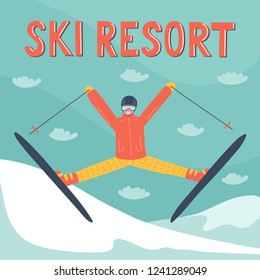 Skier jumping in the mountains with hand written lettering "Ski resort". Winter sport vector illustration.