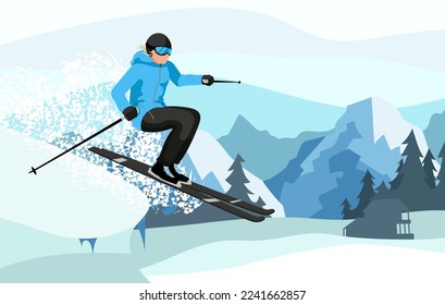 Skier jumping from mountains slope. Winter sports activities on skis in snowy Alps hills. Extreme skiing in ski resort. Country cross landscape with forest and rocks on background. Vector illustration