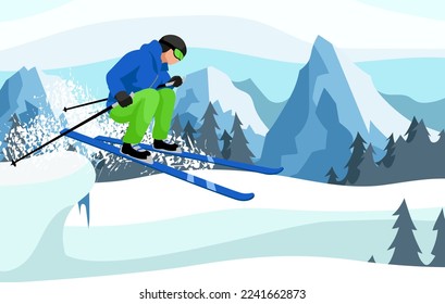 Skier jumping from mountains slope. Winter sports activities on skis in snowy Alps hills. Extreme skiing in ski resort. Country cross landscape with forest and rocks on background. Vector illustration