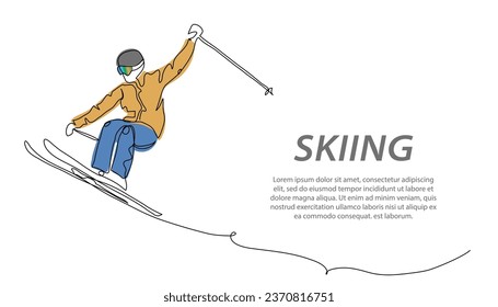 Skier jumping vector background, banner, poster. Ski tricks, freestyle, freeride. One continuous line art drawing illustration of skier jumping, winter sport.