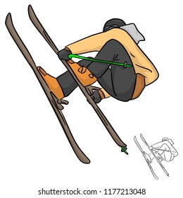 Skier jumping vector illustration sketch doodle hand drawn with black lines isolated on white background
