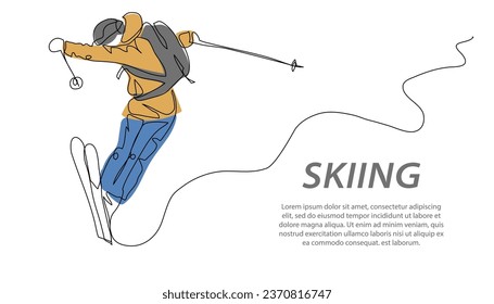 Skier jumps vector background, banner, poster. Ski tricks, freestyle, freeride. One continuous line art drawing illustration of ski tricks, winter sport.