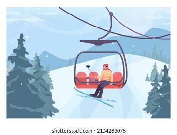 Mit dem Skilift zum Hang hochfahren. Charaktere, die sich auf einem Sessellift selbst machen. Winterskilift, Ski- und Snowboardwege mit Skilift. Schneehöhe Hügel und Waldlandschaft. Flache Vektorgrafik