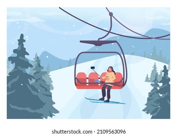 Skier lifting up to a slope by ski lift. Character taking selfie on a chairlift. Winter ski resort, ski and snowboarding paths with ski lift. Snowy hills and forest scenery. Flat vector illustration