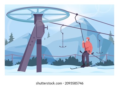 Skifahrer heben sich mit Oberflächenlift. Winterskilift, Ski- und Snowboardwege mit Skilift. Schneehöhe Hügel und Waldlandschaft. Das Frostwetter im Dezember. Flache Vektorgrafik