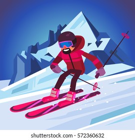 Skier man character running downhill. Vector flat cartoon illustration
