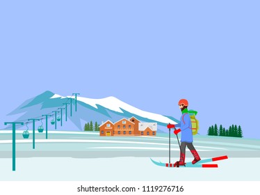 Skier Man Hiking In winter mountains landscape  With  Backpack Over Nature Landscape Flat Vector Illustration