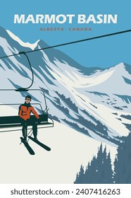 Skifahrer auf Skilift im Marmorbecken Gebirgsposterdesign, Skitourengrafik Design