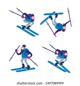 Skier man set. Falling down cartoon skier man isolated on white background. Vector illustration