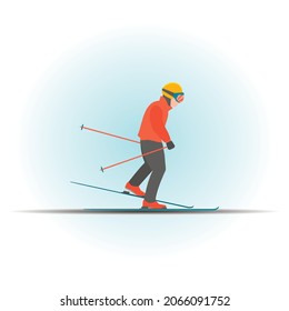 Skier. A man in a ski suit, helmet and goggles is skiing. Flat vector illustration.