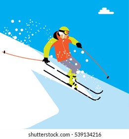 Skier man skiing down the hill in the mountains. Vector illustrator.
