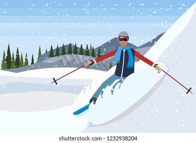 skier man sliding down fresh powder snowy mountain fir tree forest landscape background guy skiing winter vacation flat horizontal vector illustration