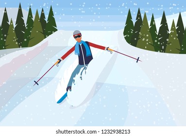 skier man sliding down fresh powder snowy mountain fir tree forest landscape background guy skiing winter vacation flat horizontal vector illustration