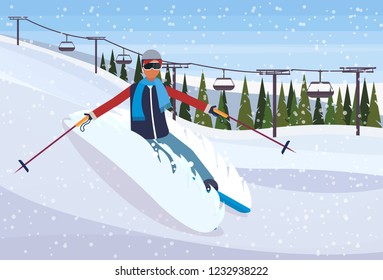 skier man sliding down fresh powder snowy mountain fir tree forest landscape cable car background guy skiing winter vacation flat horizontal vector illustration