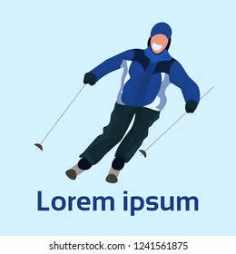 skier man sliding down guy skiing winter vacation activity flat isolated