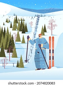 skier man sportswoman skiing doing activities winter vacation concept snowfall landscape background