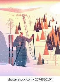 skier man sportswoman skiing doing activities winter vacation concept sunset snowfall landscape background
