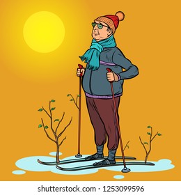 skier man spring in the forest, sun. Pop art retro vector illustration kitsch vintage