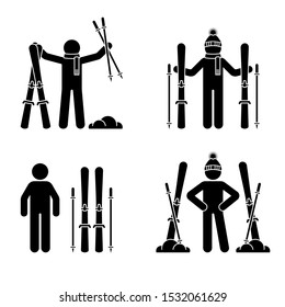 Skier man standing with ski stick figure vector icon pictogram set. Winter snow fun sport leisure lifestyle holiday active game silhouette