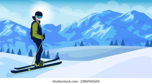 Skier man in warm clothes standing on snow hill near mountain. Snowy scenic landscape, winter active lifestyle resort. Seasonal vacation, sport outdoor activity. Vector illustration