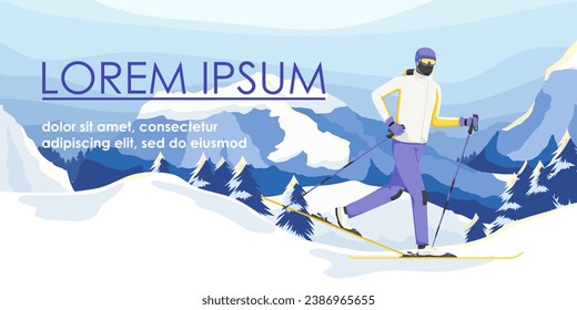 Skier man in warm white suit riding on snow hill near mountain. Snowy scenic landscape, winter active lifestyle resort. Seasonal vacation, sport outdoor activity. Vector illustration