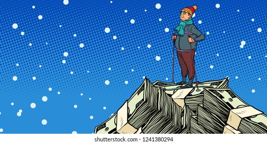 skier middle-aged man, Money dollars mountaintop. Pop art retro vector illustration vintage kitsch