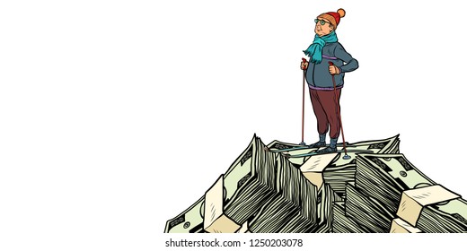 skier middle-aged man, Money dollars mountaintop. isolate on white background. Pop art retro vector illustration vintage kitsch